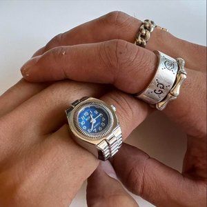 Y2K 2000s Vintage Retro Silver Tone Watch Ring with Round Face